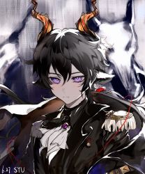 Rule 34 | 1boy, animal ears, arknights, ascot, ayu (e975364474), black hair, black jacket, brooch, commentary request, ebenholz (arknights), goat ears, goat horns, hair between eyes, highres, horns, jacket, jewelry, male focus, purple eyes, short hair, solo, upper body, white ascot