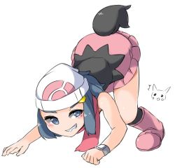 Rule 34 | 1girl, all fours, bare legs, bare shoulders, blue eyes, blue hair, blush, boots, breasts, cosplay, creatures (company), dawn (pokemon), dawn (pokemon) (cosplay), disguised zorua, embarrassed, full body, fun bo, game freak, gen 1 pokemon, gen 5 pokemon, hair ornament, hairclip, hat, imposter, looking at another, looking to the side, nintendo, open mouth, pikachu, pokemon, pokemon: zoroark: master of illusions, pokemon (anime), pokemon dppt (anime), red scarf, scarf, shiny skin, simple background, skirt, tail, transformation, zorua