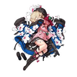Rule 34 | 1girl, asymmetrical legwear, bag, beret, black footwear, black hat, black skirt, black socks, black sweater, blonde hair, blue coat, blue eyes, blush, buckle, chest strap, closed eyes, coat, coat on shoulders, covered mouth, flower, flower ornament, full body, girls&#039; frontline, gun, hat, hat flower, highres, jatimatic, jatimatic (girls&#039; frontline), knee pads, loafers, long sleeves, medium hair, no shoes, official art, pink bag, pink flower, pink sweater, pleated skirt, pouch, rinotuna, shoes, shoulder bag, simple background, single knee pad, skirt, snap-fit buckle, socks, solo, submachine gun, sweater, thigh strap, third-party source, torn clothes, torn hat, torn skirt, torn socks, torn straps, torn sweater, transparent background, unworn hat, unworn headwear, unworn shoes, weapon, white bag, white flower