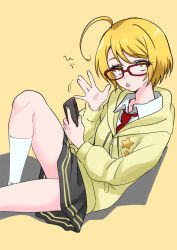 Rule 34 | 1girl, absurdres, ahoge, black skirt, blonde hair, cellphone, character request, collared shirt, copyright request, female focus, highres, holding, holding phone, hood, hood down, hooded jacket, jacket, looking at viewer, necktie, phone, reclining, red-framed eyewear, red necktie, shadow, shirt, short hair, skirt, smartphone, socks, solo, star (symbol), tankobukids, tongue, tongue out, waving, yellow background, yellow eyes