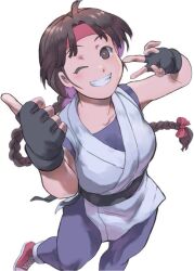 1girl black_gloves braid braided_ponytail breasts brown_eyes brown_hair collarbone dougi female_focus fingerless_gloves gloves grin headband karate_gi katoramann leggings long_hair looking_at_viewer martial_arts_belt matching_hair/eyes medium_breasts one_eye_closed red_headband red_ribbon ribbon ryuuko_no_ken sash shoes simple_background smile sneakers snk solo spandex teeth the_king_of_fighters v white_background yuri_sakazaki