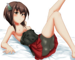 Rule 34 | 10s, 1girl, bike shorts, blush, breasts, brown eyes, brown hair, headband, kantai collection, leg up, looking at viewer, lying, maple takoyaki, nipples, on back, panties, personification, short hair, small breasts, solo, taihou (kancolle), topless, underwear