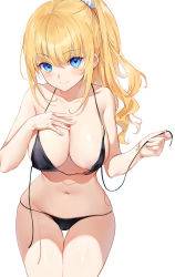 Rule 34 | 1girl, bare arms, bare shoulders, bikini, black bikini, blonde hair, blue eyes, breasts, cameltoe, cleavage, collarbone, cowboy shot, emyo, groin, hair ornament, hand on own chest, heart, heart-shaped pupils, highres, large breasts, long hair, looking at viewer, navel, original, ponytail, sidelocks, simple background, skindentation, smile, solo, standing, stomach, string bikini, swimsuit, symbol-shaped pupils, thigh gap, thighs, untied bikini, white background
