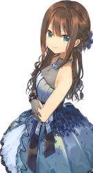Rule 34 | 1girl, blue dress, brown hair, crossed arms, dress, from above, from side, gloves, green eyes, grey gloves, hair between eyes, hair ornament, idolmaster, idolmaster cinderella girls, long hair, looking at viewer, shibuya rin, sidelocks, simple background, sleeveless, sleeveless dress, smile, solo, standing, very long hair, white background, zuho (vega)