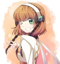 Rule 34 | 1girl, breasts, brown hair, flower, green eyes, grin, hairband, leia rolando, smile, star (symbol), tales of (series), tales of xillia, v