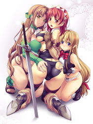 Rule 34 | 00s, 3girls, aria (seiken no blacksmith), ass, ass grab, blonde hair, blush, boots, bow, bow panties, breasts, brown eyes, brown hair, cameltoe, cecily cambell, curvy, female focus, fingerless gloves, gloves, grabbing another&#039;s ass, groping, highres, kneeling, knight, large breasts, lisa (seiken no blacksmith), long hair, looking at viewer, looking back, multiple girls, nagayori, naughty face, panties, pointy ears, red hair, sandals, seiken no blacksmith, squatting, sword, thighhighs, toes, torn clothes, underwear, very long hair, weapon, white panties, yuri
