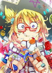 Rule 34 | 1girl, alternate costume, alternate hairstyle, american flag, analog clock, argyle, armband, backlighting, badge, bandaid, bandaid on hand, bespectacled, between fingers, blonde hair, cake, candy, cigarette, clock, clothes writing, colorful, constricted pupils, crazy eyes, cross, cross earrings, cube hair ornament, dice, dice hair ornament, ear piercing, earrings, embellished costume, english text, female focus, fingernails, flag print, flower, food, fruit, gem, german text, glasses, hair bobbles, hair ornament, hairclip, hat, hat ribbon, holding, jewelry, kirisame marisa, long sleeves, looking at viewer, messy hair, multicolored eyes, nail polish, o o, patch, patterned, perfect cherry blossom, piercing, polka dot, polka dot ribbon, print ornament, product placement, ranguage, red-framed eyewear, red flower, red rose, ribbon, ring, roman numeral, rose, sakurai energy, scarf, semi-rimless eyewear, sharp teeth, simple background, smiley face, smoking, solo, star (symbol), stitched, stitches, strawberry, tamiya incorporated, teeth, text print, third-party edit, too many, touhou, translated, under-rim eyewear, upper body, white background, witch, witch hat, zipper