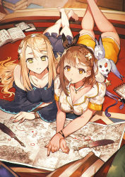 Rule 34 | 2girls, atelier (series), atelier ryza, atelier ryza 2, blonde hair, braid, breasts, brown eyes, brown hair, artistic error, fi (atelier), green eyes, highres, klaudia valentz, looking at viewer, lying, medium breasts, mouth hold, multiple girls, official art, on stomach, parted lips, reisalin stout, smile, toridamono, wrong foot