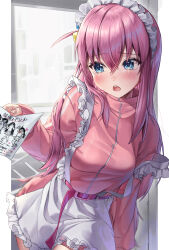 Rule 34 | 1girl, alternate costume, apron, blue eyes, blush, bocchi the rock!, cowboy shot, cube hair ornament, enmaided, fingernails, frilled apron, frills, gotoh hitori, hair between eyes, hair ornament, highres, holding, holding paper, jacket, long hair, long sleeves, maid, maid apron, maid headdress, one side up, open mouth, paper, pink hair, pink jacket, rearea 7777, solo, track jacket, waist apron, white apron