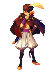 Rule 34 | 1boy, absurdres, bandages, blonde hair, cape, hat feather, highres, ingway (odin sphere), kamitani george, male focus, odin sphere, official art, scabbard, sheath, sheathed, topless male, short hair, solo, sword, turban, vanillaware, weapon, yngwie