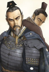 Rule 34 | 2boys, absurdres, armor, beard, black hair, black hat, blue cape, brown eyes, cao cao, cape, chinese armor, chinese clothes, facial hair, guan hat, hat, highres, kevin.h, male focus, mini hat, multiple boys, romance of the three kingdoms, sima yi, upper body, white background