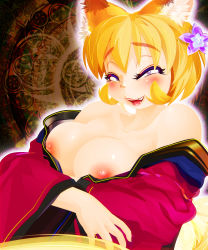 Rule 34 | 1girl, abstract background, absurdres, animal ears, blonde hair, blush, breasts, chromatic aberration, commentary request, flower, fox ears, fox girl, hair flower, hair ornament, highres, japanese clothes, kimono, large breasts, looking at viewer, nipples, off shoulder, open mouth, original, purple eyes, red kimono, shiny skin, short hair, smile, solo, upper body, wide sleeves, yukiman
