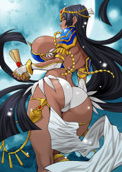 Rule 34 | 1girl, ass, bandages, bandaged arm, bandages, black hair, breasts, dark skin, dark-skinned female, fate/grand order, fate (series), huge breasts, jewelry, lips, long hair, looking at viewer, looking back, moon, night, night sky, panties, parted lips, pelvic curtain, scheherazade (fate), sky, solo, star (sky), star (symbol), starry sky, thick thighs, thighs, underwear, very long hair, weapon, white panties, yukiyanagi