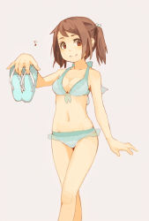 Rule 34 | 1girl, aqua bikini, bad id, bad pixiv id, bikini, brown eyes, brown hair, holding, holding shoes, mmm72, musical note, navel, original, quaver, sandals, shoes, unworn shoes, short hair, simple background, smile, solo, swimsuit, twintails