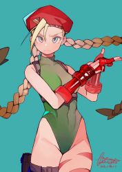 Rule 34 | 1girl, abs, absurdres, adjusting clothes, adjusting gloves, beret, blonde hair, blue eyes, braid, cammy white, covered navel, dated, gauntlets, gloves, groin, harness, hat, highres, holster, leotard, linween, long hair, looking at viewer, serious, signature, simple background, solo, street fighter, thigh strap, twin braids