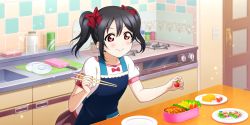 Rule 34 | 1girl, absurdres, apron, artist name, artist request, bacon, bento, black hair, blue apron, blush, bow, cherry tomato, chopsticks, closed mouth, door, female focus, food, food art, glass jar, hair between eyes, highres, indoors, kitchen, light switch, love live!, love live! school idol project, omelet, plate, red eyes, sink, smile, solo, standing, stove, tako-san wiener, tamagoyaki, tomato, twintails, yazawa nico