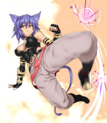 Rule 34 | 1girl, animal ears, bare shoulders, belt, black gloves, boots, bracer, breasts, brown eyes, cat ears, cat tail, clenched hand, elbow gloves, fingerless gloves, gloves, highres, houtengeki, kicking, large breasts, light purple hair, motion blur, original, pants, serious, short hair, solo, tail, tight clothes