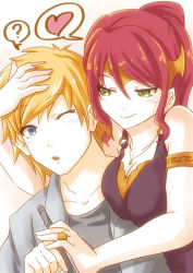 Rule 34 | 1boy, 1girl, ;o, ?, bare shoulders, blonde hair, blouse, blue eyes, blush, breasts, forehead protector, green eyes, half-closed eyes, hand on another&#039;s head, heart, imminent kiss, jaune arc, jewelry, moai (moai world), necklace, one eye closed, open mouth, pen, ponytail, pyrrha nikos, red hair, ring, rwby, seductive smile, shirt, smile, spoken heart, thought bubble