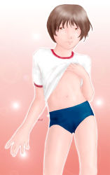 Rule 34 | 1girl, androgynous, bad anatomy, breasts, calm, covering privates, covering breasts, hand on breast, izawa (artist), lolita core, reverse trap, running track, shirt, standing, t-shirt, undressing, waiting