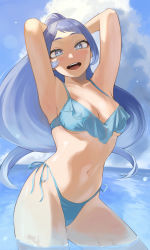 Rule 34 | 1girl, :d, absurdres, alternate costume, armpits, arms behind head, arms up, bikini, blue bikini, blue eyes, blue hair, boku no hero academia, breasts, commentary request, day, fengling (furin-jp), hadou nejire, highres, light blue hair, long hair, looking at viewer, medium breasts, navel, open mouth, outdoors, partially submerged, ponytail, side-tie bikini bottom, smile, solo, stomach, swimsuit, underboob, very long hair, water