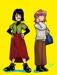 Rule 34 | 2girls, bag, black eyes, black footwear, black hair, brown hair, brown pants, commentary, emi (mob psycho 100), english commentary, full body, green shirt, hands on own hips, highres, kurata tome, kyokyeo, long skirt, long sleeves, mob psycho 100, multiple girls, open mouth, pants, red skirt, shirt, shoes, short hair, simple background, skirt, smile, standing, sweater, white sweater, yellow background
