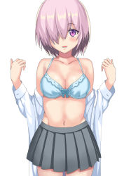 Rule 34 | 1girl, bare shoulders, blue bra, blush, bra, breasts, cleavage, collarbone, dress shirt, fate/grand order, fate (series), grey skirt, hair over one eye, light purple hair, looking at viewer, mash kyrielight, medium breasts, navel, off shoulder, open clothes, open mouth, open shirt, parted lips, pleated skirt, purple eyes, ryuunonon, shirt, short hair, simple background, skirt, smile, solo, underwear, white background