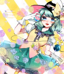 Rule 34 | 1girl, animal ears, aqua hair, black bow, black bowtie, black hat, black thighhighs, blue eyes, bow, bowtie, collared shirt, commentary, cowboy shot, dutch angle, easter, easter egg, egg, english commentary, eyelashes, floral print, flower, frilled gloves, frilled sailor collar, frilled skirt, frilled sleeves, frills, gloves, green sailor collar, green skirt, hat, hat bow, hat flower, heart, heart of string, highres, holding, holding egg, komeiji koishi, lace-trimmed sleeves, lace-trimmed veil, lace trim, light blush, looking at viewer, medium hair, miniskirt, open mouth, petticoat, pink flower, puffy short sleeves, puffy sleeves, purple flower, rabbit ears, red hat, rose print, sailor collar, shirt, short sleeves, skirt, skirt hold, smile, solo, star (symbol), striped, striped background, suzune hapinesu, thighhighs, third eye, touhou, two-sided fabric, two-sided headwear, two-tone background, v-neck, vest, white background, white gloves, white shirt, white sleeves, yellow background, yellow bow, yellow vest, zettai ryouiki