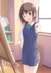 Rule 34 | 1girl, ;d, apron, bad id, bad pixiv id, blush, brown eyes, brown hair, canvas (object), easel, one eye closed, open mouth, original, pencil, pointing, sakusaku, school uniform, short hair, skirt, sleeves pushed up, smile, solo, window, wink