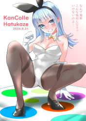 Rule 34 | 1girl, absurdres, animal ears, black footwear, black pantyhose, blue eyes, blue hair, bow, bowtie, breasts, cleavage, clenched teeth, commentary request, dated, detached collar, gloves, hatsukaze (kancolle), highres, kantai collection, leotard, long hair, looking at viewer, medium breasts, pantyhose, playboy bunny, rabbit ears, solo, squatting, strapless, strapless leotard, teeth, thighband pantyhose, translation request, twister, white gloves, white leotard, yellow bow, yellow bowtie, yoshiki (bpmaxm)