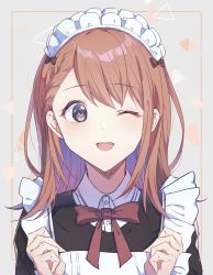 Rule 34 | 1girl, apron, brown hair, frilled apron, frills, grey background, grey eyes, hanasato minori, highres, long hair, looking at viewer, maid, maid apron, maid headdress, more more jump! (project sekai), nov ggg, one eye closed, open mouth, outside border, portrait, project sekai, red ribbon, ribbon, shirt, smile, solo, upper body, white apron, white shirt