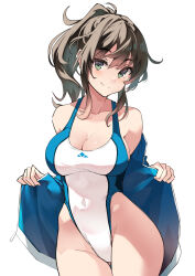 Rule 34 | 1girl, amamiya natsumi, bare shoulders, blue eyes, blue jacket, blush, breasts, brown hair, cleavage, collarbone, competition swimsuit, covered navel, hair between eyes, highleg, highleg swimsuit, highres, jacket, kekemotsu, large breasts, long hair, long sleeves, looking at viewer, one-piece swimsuit, open clothes, open jacket, original, ponytail, sidelocks, smile, solo, swimsuit, thighs, track jacket, white background, white one-piece swimsuit