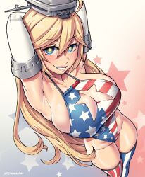 Rule 34 | 1girl, american flag, american flag print, arms behind head, asymmetrical legwear, blonde hair, blue eyes, breasts, casual one-piece swimsuit, cleavage cutout, clothing cutout, dracksart, elbow gloves, feet out of frame, flag print, from above, gloves, headgear, highres, iowa (kancolle), kantai collection, large breasts, lips, looking at viewer, mismatched legwear, multicolored clothes, multicolored swimsuit, one-piece swimsuit, solo, star-shaped pupils, star (symbol), star cutout, striped clothes, striped thighhighs, swimsuit, symbol-shaped pupils, thighhighs, vertical-striped clothes, vertical-striped thighhighs