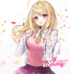 Rule 34 | 1girl, ahoge, akamatsu kaede, artist name, backpack, bad id, bad twitter id, bag, beamed eighth notes, blonde hair, blush, breasts, commentary request, dalrye v3, danganronpa (series), danganronpa v3: killing harmony, dated, eighth note, fortissimo, hair ornament, hands up, happy birthday, holding strap, long hair, long sleeves, looking at viewer, medium breasts, musical note, musical note hair ornament, necktie, open mouth, orange necktie, petals, pleated skirt, print skirt, purple eyes, purple skirt, school uniform, shirt, skirt, smile, solo, sweater vest, white shirt