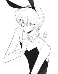 Rule 34 | 1boy, animal ears, black leotard, blue eyes, bow, bowtie, bright pupils, closed eyes, commentary, crossdressing, detached collar, expressionless, fake animal ears, finger to mouth, hand up, happy, highres, kaiba seto, kakera4205, leotard, looking at viewer, male focus, monochrome, playboy bunny, rabbit, rabbit ears, short hair, simple background, sketch, solo, spot color, symbol-only commentary, upper body, wrist cuffs, yu-gi-oh!, yu-gi-oh! duel monsters