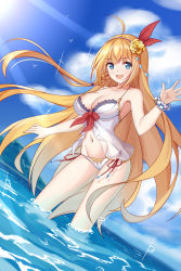 Rule 34 | 1girl, ahoge, bikini, blue eyes, blush, braid, breasts, cleavage, commentary request, contrapposto, day, flan (f l an), hair ribbon, highres, large breasts, long hair, looking at viewer, open mouth, orange hair, outdoors, pecorine (princess connect!), pecorine (summer) (princess connect!), princess connect!, ribbon, side-tie bikini bottom, smile, solo, sparkle, stomach, swimsuit, very long hair, wading, white bikini