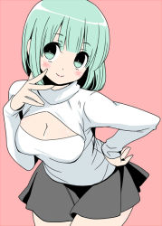 Rule 34 | 1girl, bad id, bad pixiv id, black eyes, blush, breasts, bulma, cleavage, cleavage cutout, clothing cutout, cowboy shot, dragon ball, eyelashes, green eyes, green hair, grey skirt, hand on own hip, hand on own cheek, hand on own face, kanekiyo miwa, leaning forward, long sleeves, looking at viewer, medium breasts, meme attire, multicolored eyes, pink background, shirt, short hair, simple background, skirt, smile, solo, solo focus, standing, thighs, white shirt