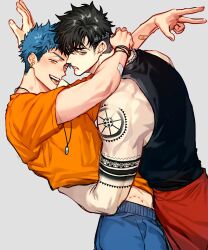 Rule 34 | 2boys, arm tattoo, bandaid, bandaid on arm, black hair, black tank top, blue hair, blue pants, copyright request, ear piercing, grey background, hand under clothes, hand under shirt, hug, jewelry, jita (jita5max), knees out of frame, multiple boys, multiple piercings, necklace, open mouth, orange eyes, orange shirt, pants, piercing, red pants, shirt, tank top, tattoo, tongue, tongue out, undercut, upper body, yaoi