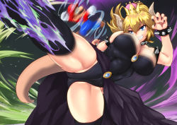 Rule 34 | 1boy, 1girl, armlet, black leotard, black thighhighs, blonde hair, blue eyes, blurry, bowsette, bracelet, breasts, clenched teeth, collar, commentary request, crown, horns, jewelry, kicking, large breasts, leotard, mario, mario (series), new super mario bros. u deluxe, nintendo, sharp teeth, short hair, smile, spiked armlet, spiked bracelet, spiked collar, spikes, super crown, tail, teeth, thighhighs, thighs, yamasan (hachiman)