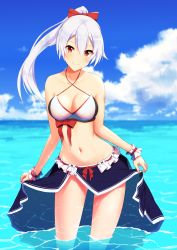 Rule 34 | 1girl, alternate costume, bare shoulders, bikini, bow, breasts, clothes lift, cloud, cloudy sky, collarbone, commentary request, contemporary, criss-cross halter, day, fate/grand order, fate (series), hair between eyes, halterneck, headband, highres, kuroshiro (ms-2420), long hair, looking at viewer, medium breasts, midriff, ponytail, red bow, red eyes, sarong, sarong lift, silver hair, sky, smile, solo, standing, stomach, swimsuit, tomoe gozen (fate), very long hair, wading, water, wet, wet clothes, white bikini