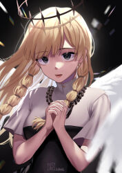 Rule 34 | 1girl, absurdres, angel wings, artist name, bead necklace, beads, blonde hair, blurry, blurry background, blurry foreground, braid, choujin x, floating crown, highres, ikahueki, jewelry, long hair, looking at viewer, necklace, open mouth, own hands together, praying, shadow, shiruha sora (choujin x), solo, twin braids, two-tone dress, white wings, wings