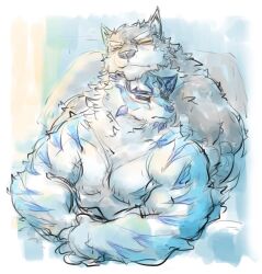 Rule 34 | 2boys, bara, blue fur, blush, caffeinecanine, character request, chin rest, couple, cropped torso, facial hair, furry, furry male, furry with furry, goatee, head on head, head rest, highres, holding hands, live a hero, male focus, multiple boys, muscular, muscular male, nude, short hair, thick eyebrows, unfinished, yaoi