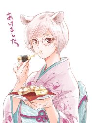 Rule 34 | 1girl, :t, animal ears, blue sash, blush, eating, floral print, food, food request, glasses, highres, holding, holding food, holding plate, japanese clothes, kimono, long sleeves, looking at viewer, nikaidou kou, obi, original, pink hair, pink kimono, plate, red eyes, round eyewear, sash, short hair, simple background, solo, translation request, white background, wide sleeves