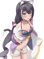 Rule 34 | 1girl, :o, animal ear fluff, animal ears, bad id, bad pixiv id, bare shoulders, bikini, bikini under clothes, black hair, blue bikini, blush, bottle, bow, breasts, cat ears, cat girl, cat tail, cleavage, collarbone, commentary request, cowboy shot, eyewear on head, fang, green eyes, hair bow, highres, holding, holding bottle, innertube, jacket, karyl (princess connect!), karyl (summer) (princess connect!), korean commentary, long hair, long sleeves, looking at viewer, low twintails, multicolored hair, navel, off shoulder, open clothes, open fly, open jacket, open mouth, open shorts, pharamacom, plastic bottle, princess connect!, purple bow, purple jacket, shorts, simple background, small breasts, solo, streaked hair, sunglasses, swim ring, swimsuit, tail, twintails, two-tone hair, v-shaped eyebrows, very long hair, water bottle, white-framed eyewear, white background, white hair, white shorts