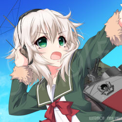Rule 34 | 1girl, artist name, blonde hair, blue sky, commentary request, fur-trimmed sleeves, fur trim, gradient sky, green eyes, green jacket, green sailor collar, headphones, inaba shiki, jacket, kantai collection, long sleeves, machinery, messy hair, neck ribbon, open mouth, red ribbon, ribbon, sailor collar, school uniform, serafuku, shimushu (kancolle), short hair, sky, solo, upper body