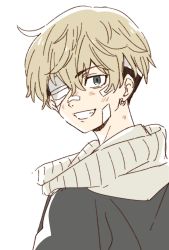Rule 34 | bandages, blonde hair, blue eyes, earrings, highres, jewelry, looking at viewer, male focus, matsuno chifuyu, namori, open mouth, short hair, single earring, smile, solo, tokyo revengers, white background