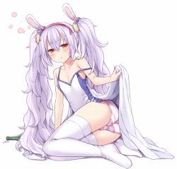 Rule 34 | 1girl, amane hasuhito, animal ears, ass, azur lane, bad id, bad twitter id, blanket, blush, bottle, breasts, camisole, collarbone, commentary request, fake animal ears, full body, hair between eyes, hair ornament, hairband, laffey (azur lane), long hair, looking at viewer, no pants, off shoulder, panties, parted lips, rabbit ears, red eyes, simple background, small breasts, solo, striped clothes, striped panties, thighhighs, twintails, underwear, very long hair, white background, white thighhighs