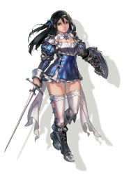 Rule 34 | 1girl, aoin, black hair, boots, borrowed character, breasts, cleavage, covered navel, cross-laced footwear, frilled thighhighs, frills, gauntlets, green eyes, hair ribbon, highres, lips, medium breasts, original, ribbon, shield, sketch, skirt, solo, sword, thighhighs, weapon