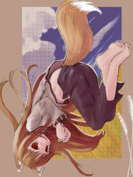Rule 34 | 00s, 1girl, animal ears, barefoot, blush, brown hair, cloud, feet, holo, long hair, midriff, mtr, pants, red eyes, sky, smile, soles, solo, spice and wolf, tail, toes, upside-down, wheat, wolf ears, wolf tail