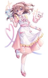 Rule 34 | 1girl, absurdres, apron, brown hair, collared dress, commentary, delicious party precure, dress, highres, kome-kome (precure), long hair, mofukoke, nagomi yui, open mouth, pink dress, pink footwear, precure, purple eyes, smile, socks, solo, two side up, waitress, watch, white apron, white socks, wristwatch