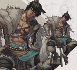 Rule 34 | 1boy, abs, animal ears, artist name, warrior of light (ff14), bare pectorals, belt, black hair, blue eyes, brown belt, brown footwear, brown gloves, cat boy, cat ears, character request, chest harness, collarbone, commentary, commission, dark-skinned male, dark skin, earrings, elbow gloves, english commentary, facial mark, final fantasy, final fantasy xiv, fur trim, gloves, gorget, hair between eyes, harness, highres, jewelry, jouvru, male focus, muscular, open clothes, pectorals, short hair, sitting, solo, stool, symbol-only commentary, thick eyebrows, watermark, whisker markings, zoom layer
